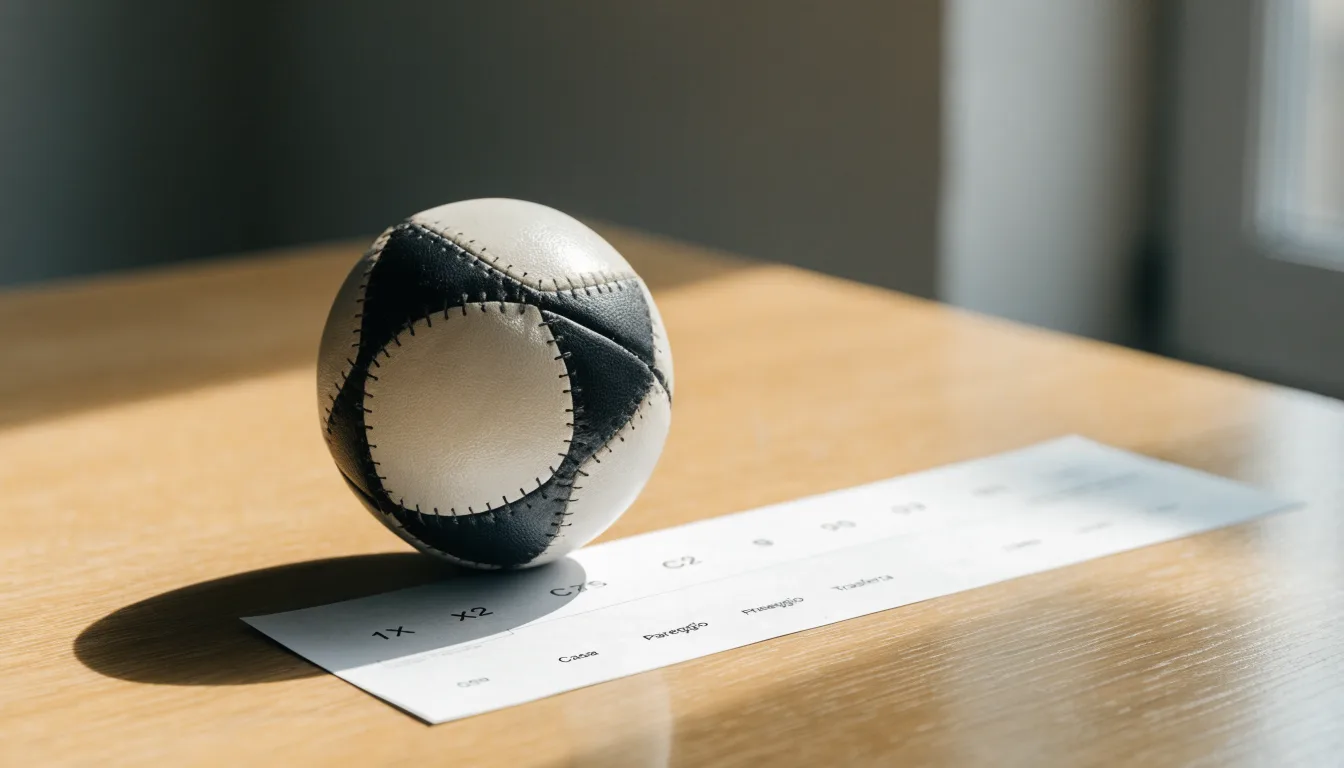 Un pallone da calcio appoggiato su una schedina bianca su un tavolo di legno, alla luce del giorno