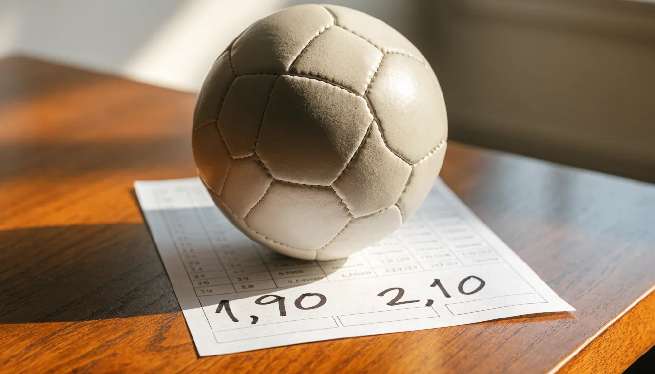 Un pallone da calcio appoggiato su una schedina bianca su un tavolo di legno, alla luce del giorno