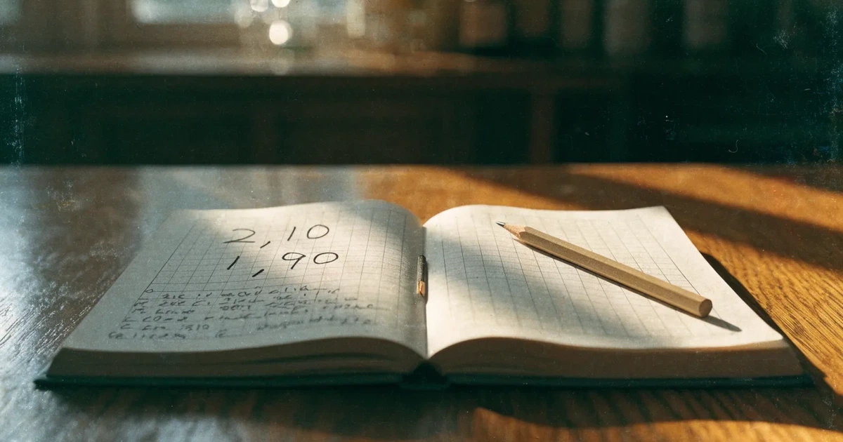 Un quaderno aperto con quote scritte a mano, una calcolatrice e una matita su un tavolo di legno