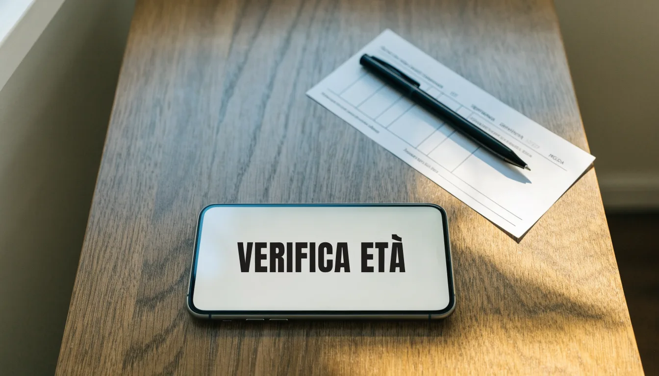 Un foglio di concessione in carta con un timbro rosso, appoggiato su una scrivania di legno accanto a una penna