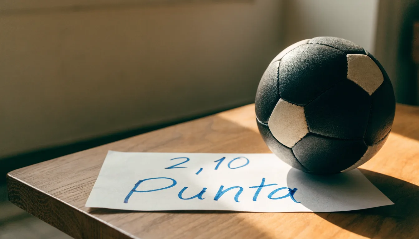Un pallone da calcio appoggiato su una schedina bianca su un tavolo di legno, alla luce del giorno