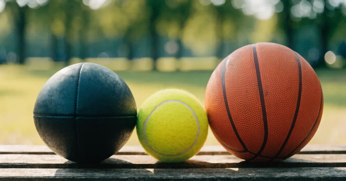 Tre palloni di sport diversi allineati uno accanto all'altro su una panca di legno