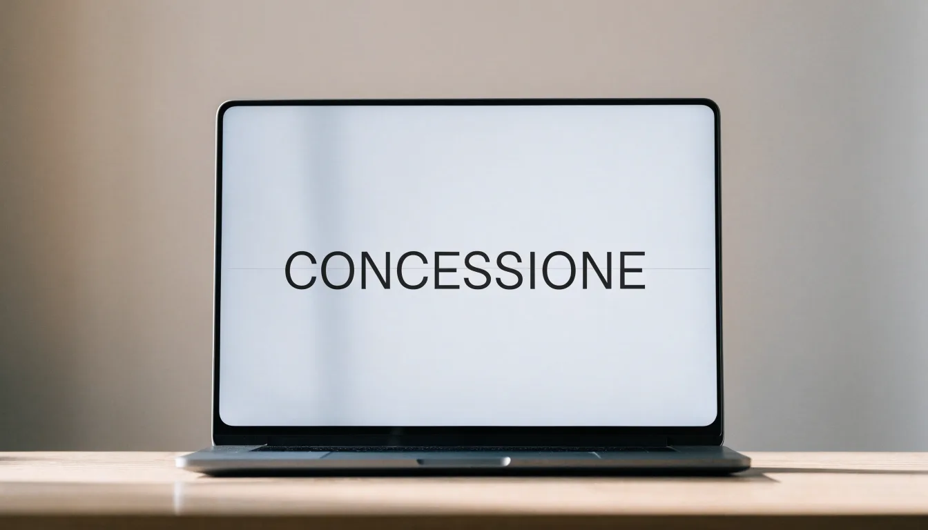 Un foglio di concessione in carta con un timbro rosso, appoggiato su una scrivania di legno accanto a una penna
