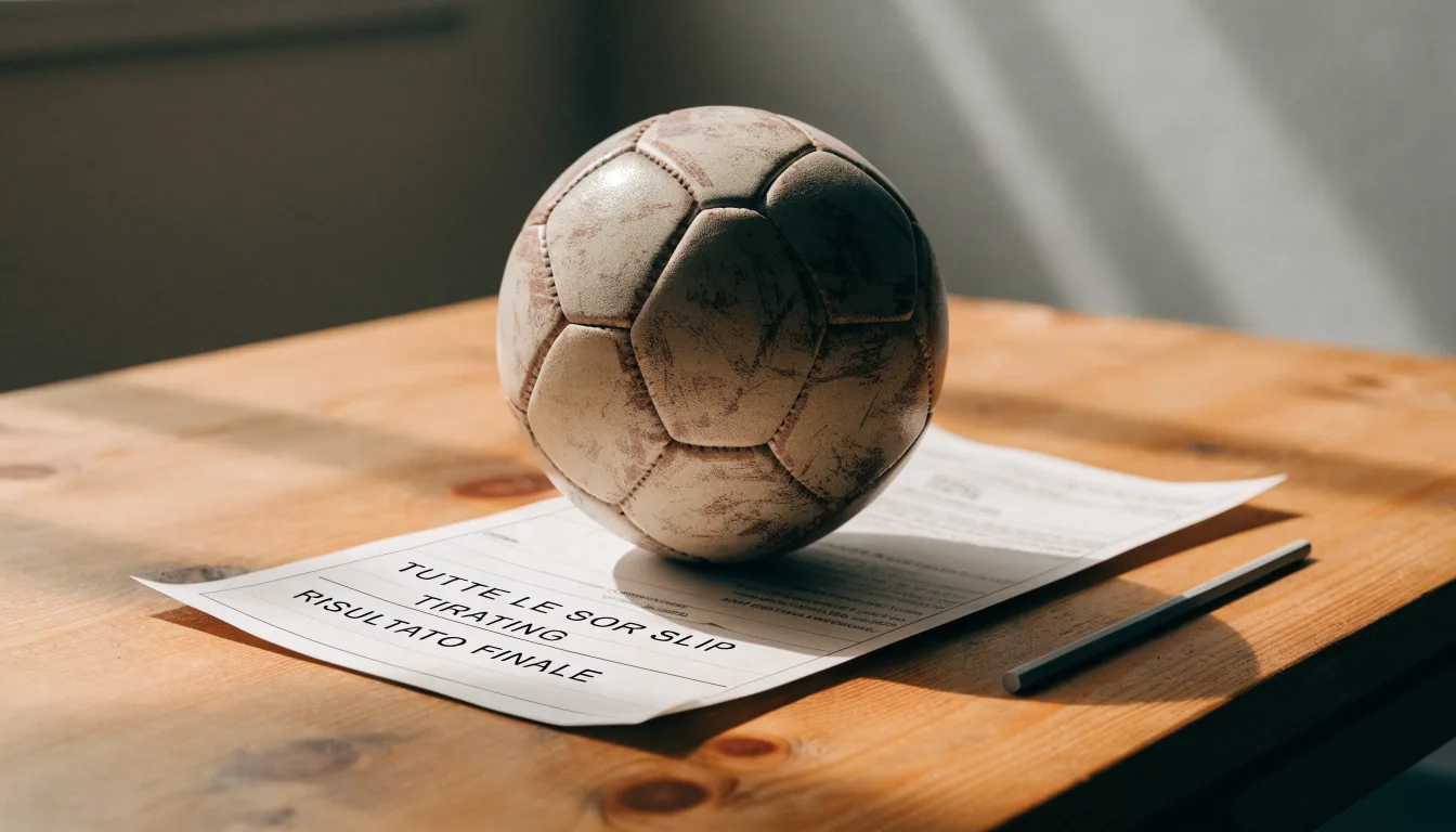 Un pallone da calcio appoggiato su una schedina bianca su un tavolo di legno, alla luce del giorno