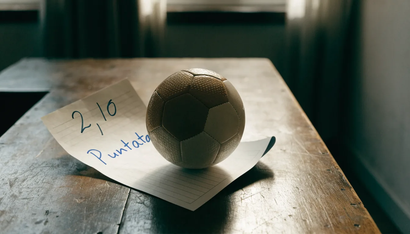 Un pallone da calcio appoggiato su una schedina bianca su un tavolo di legno, alla luce del giorno