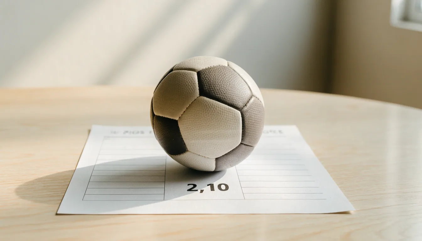 Un pallone da calcio appoggiato su una schedina bianca su un tavolo di legno, alla luce del giorno