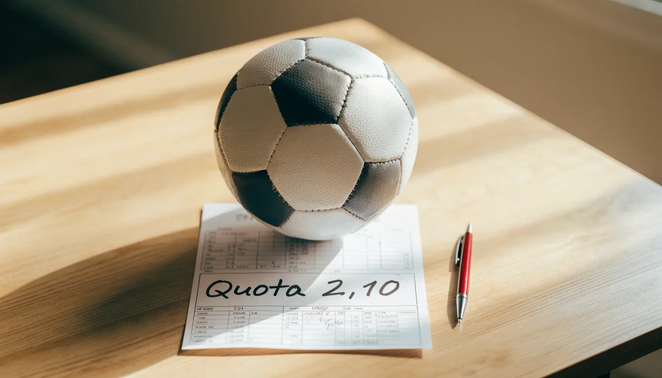 Un pallone da calcio appoggiato su una schedina bianca su un tavolo di legno, alla luce del giorno