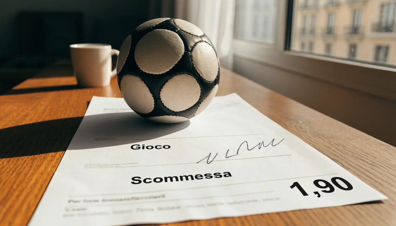 Un pallone da calcio appoggiato su una schedina bianca su un tavolo di legno, alla luce del giorno