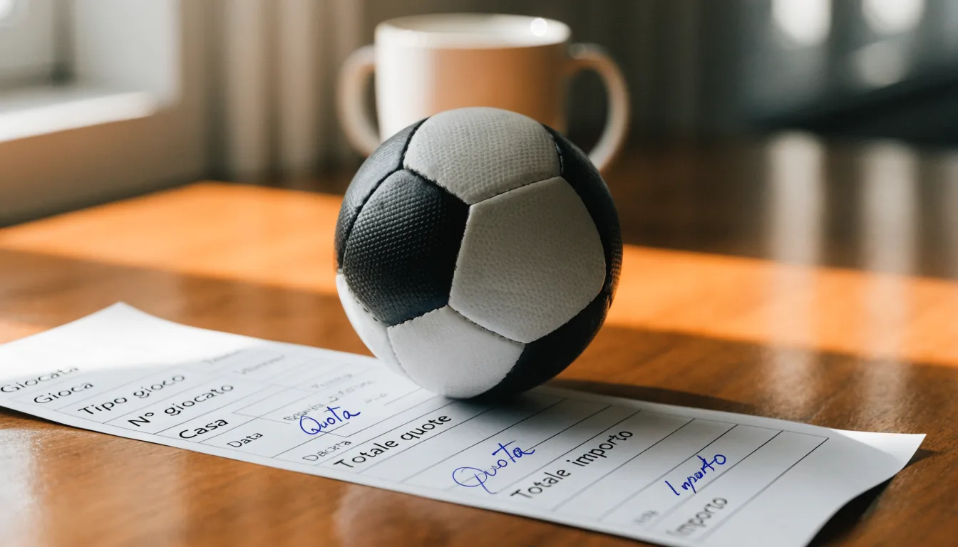 Un pallone da calcio appoggiato su una schedina bianca su un tavolo di legno, alla luce del giorno