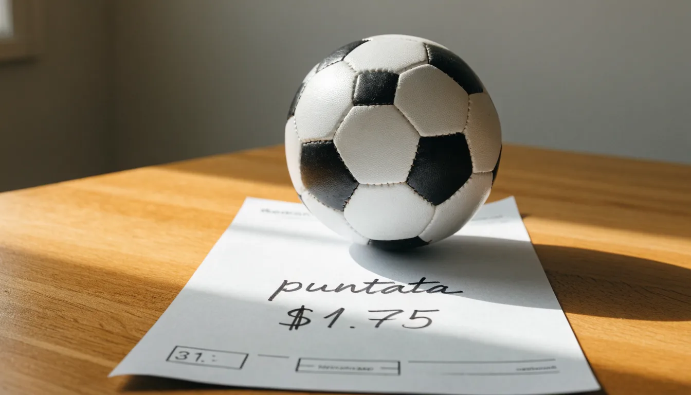 Un pallone da calcio appoggiato su una schedina bianca su un tavolo di legno, alla luce del giorno