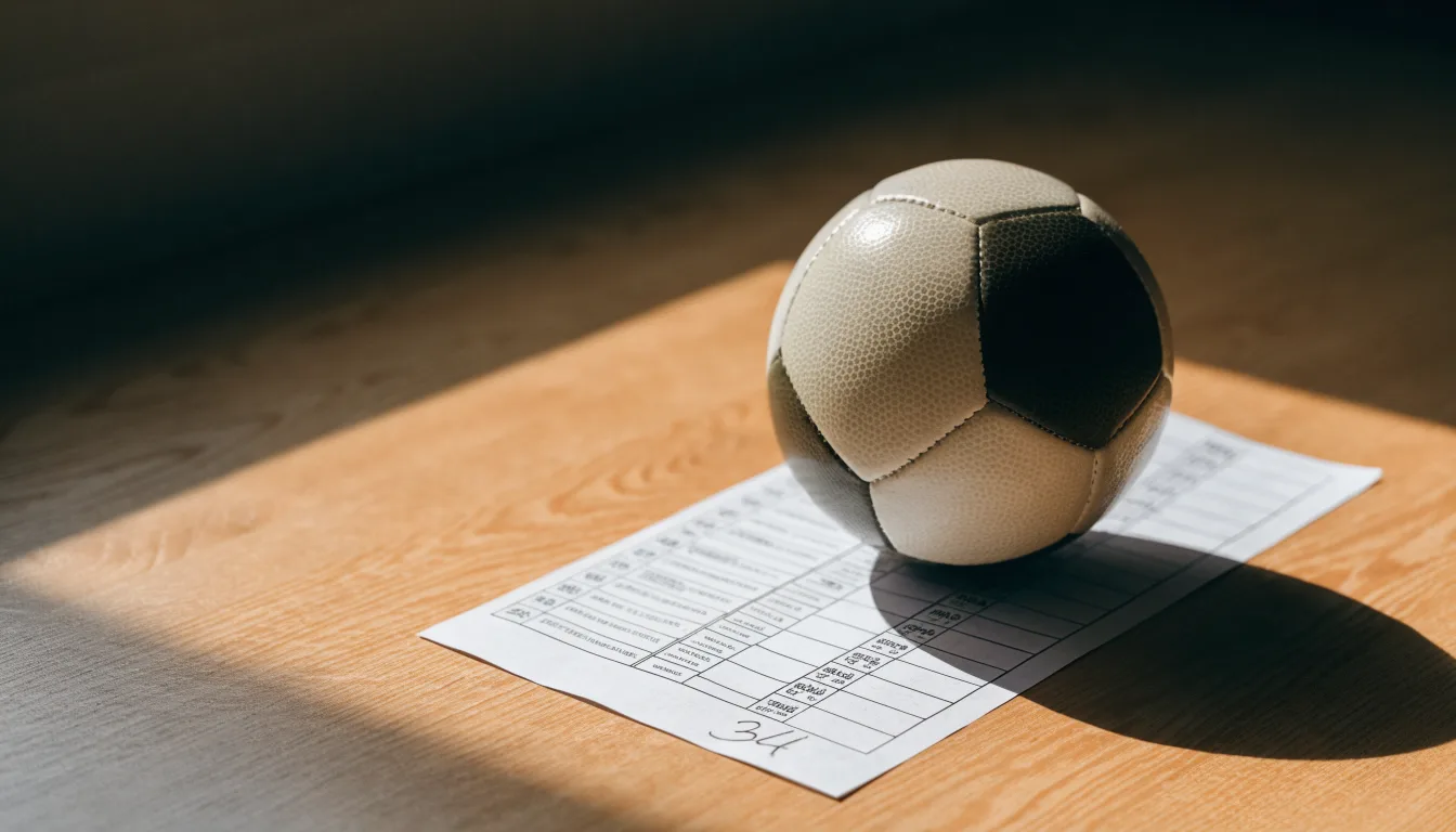 Un pallone da calcio appoggiato su una schedina bianca su un tavolo di legno, alla luce del giorno