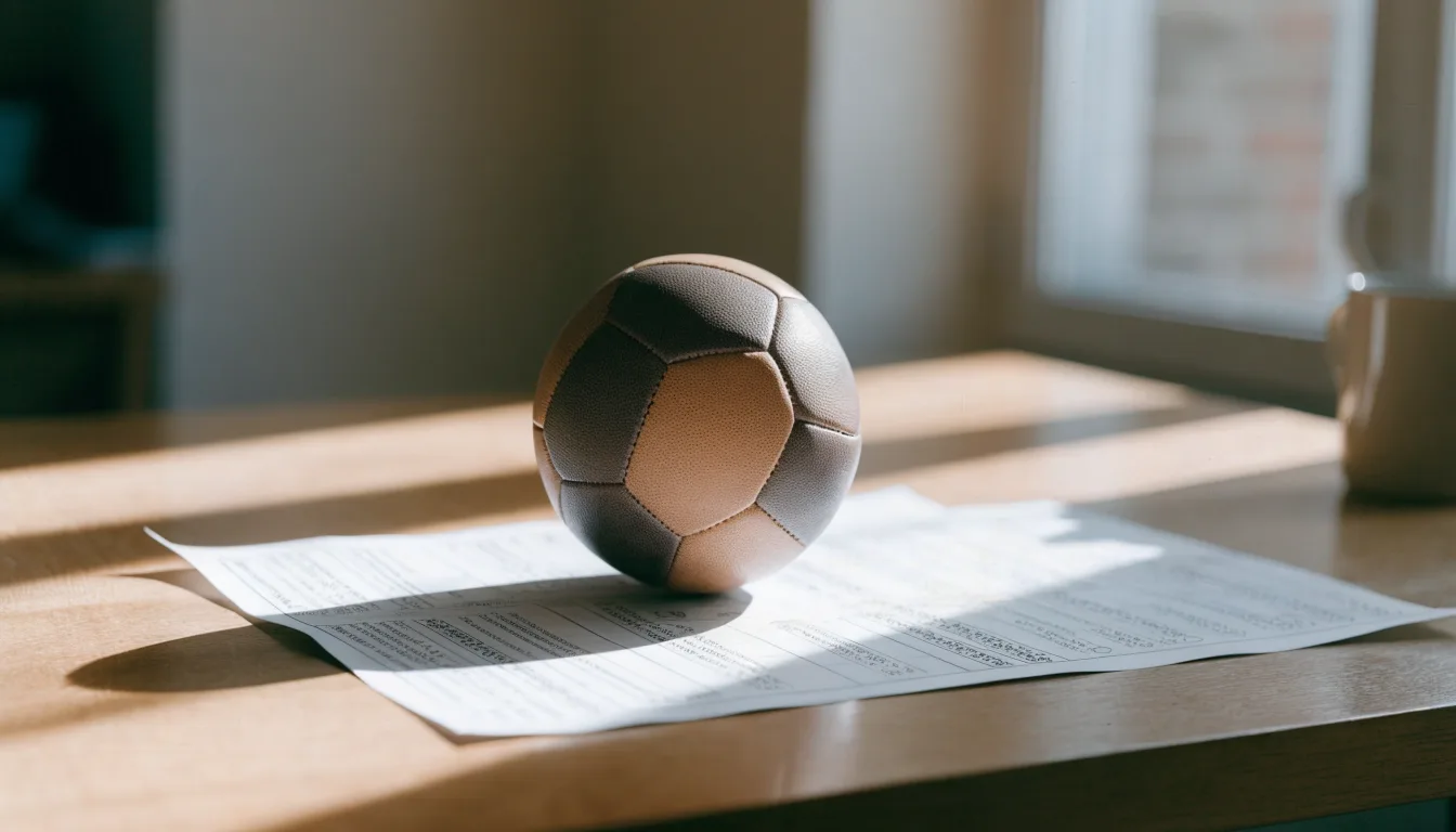 Un pallone da calcio appoggiato su una schedina bianca su un tavolo di legno, alla luce del giorno