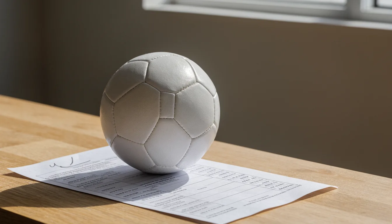 Un pallone da calcio appoggiato su una schedina bianca su un tavolo di legno, alla luce del giorno