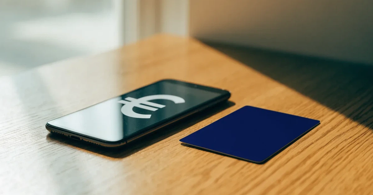 Uno smartphone e una carta di pagamento affiancati su un tavolo di legno, con alcune banconote da euro accanto