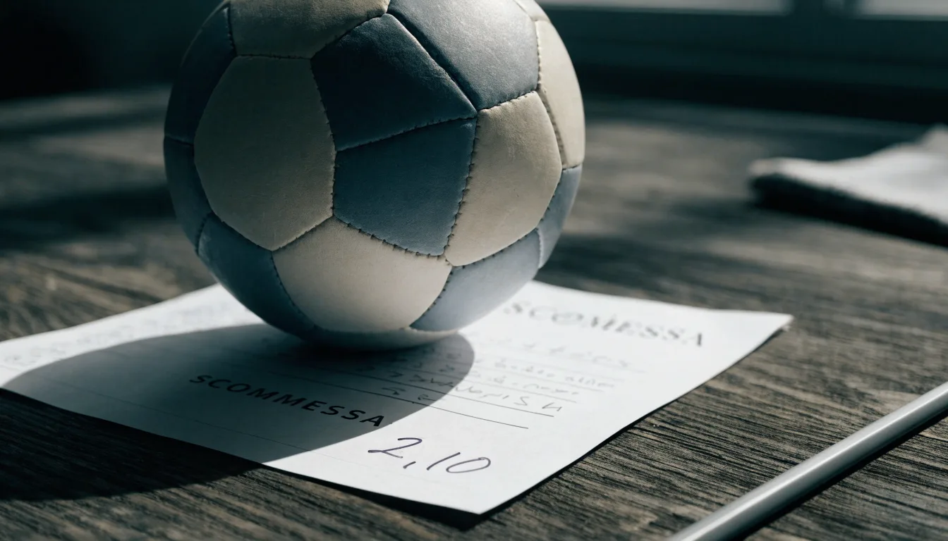 Un pallone da calcio appoggiato su una schedina bianca su un tavolo di legno, alla luce del giorno