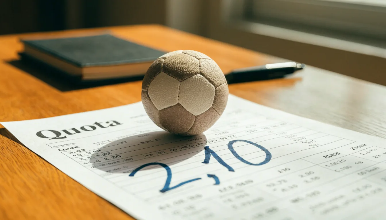 Un pallone da calcio appoggiato su una schedina bianca su un tavolo di legno, alla luce del giorno