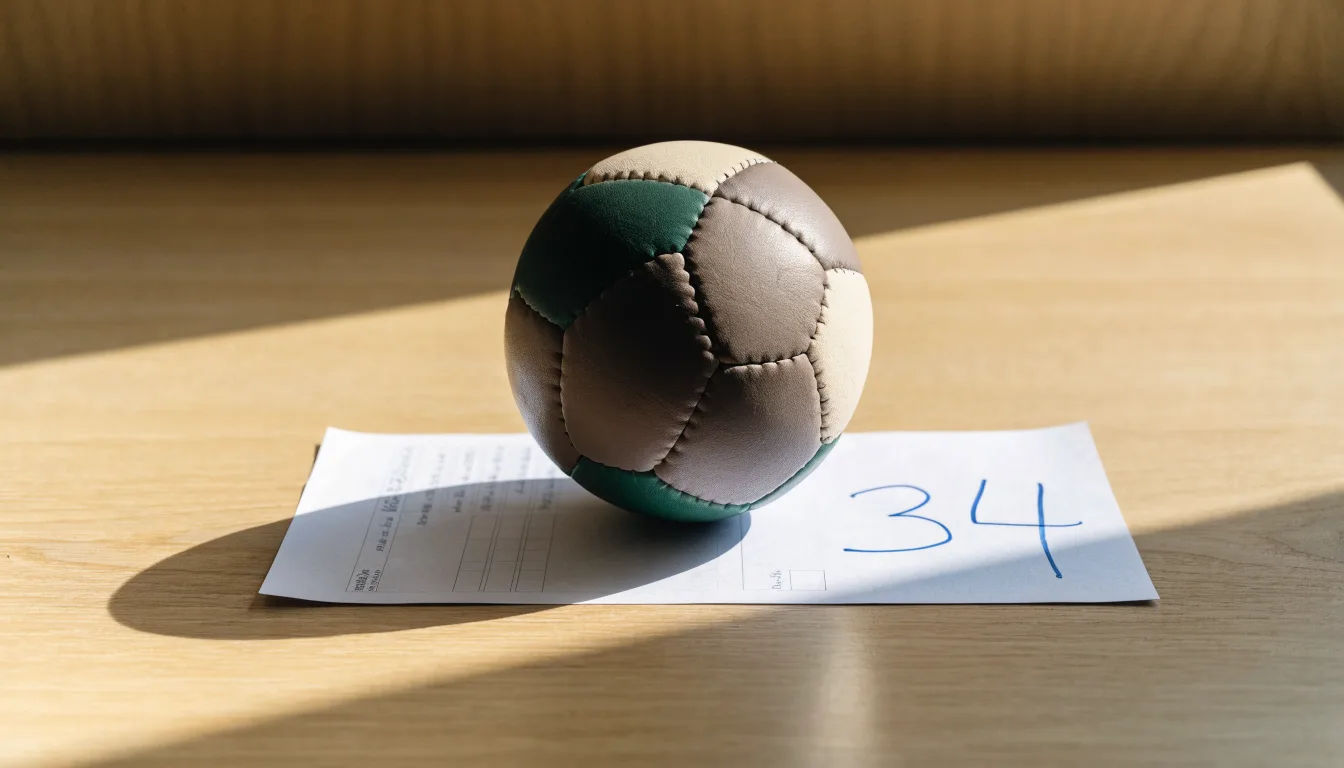 Un pallone da calcio appoggiato su una schedina bianca su un tavolo di legno, alla luce del giorno