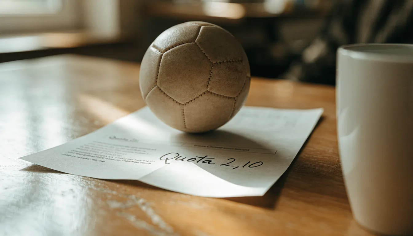 Un pallone da calcio appoggiato su una schedina bianca su un tavolo di legno, alla luce del giorno