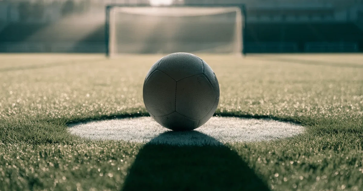 Un pallone da calcio sul dischetto del centrocampo di un prato, alla luce del mattino