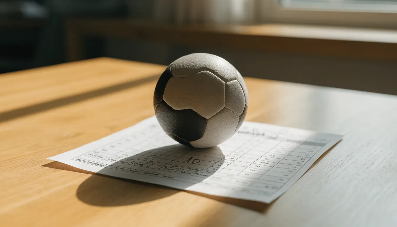 Un pallone da calcio appoggiato su una schedina bianca su un tavolo di legno, alla luce del giorno