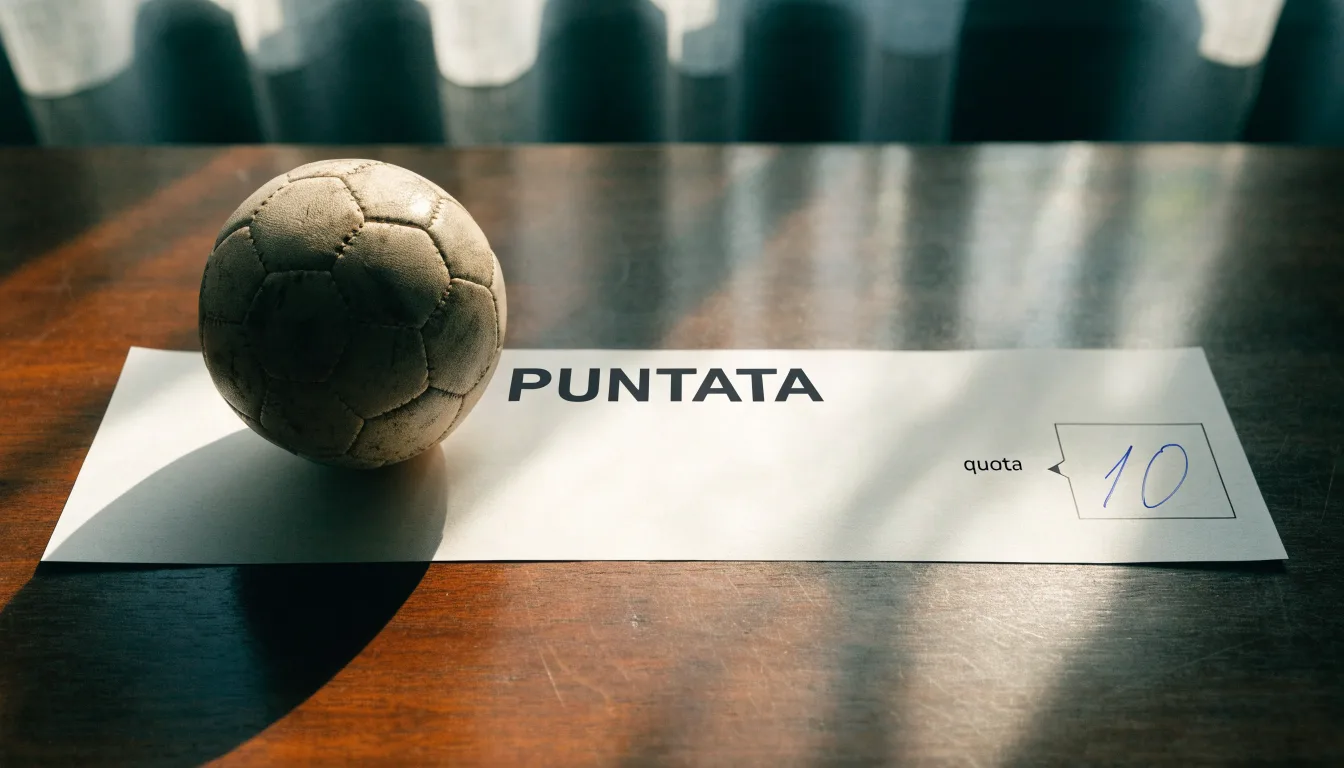 Un pallone da calcio appoggiato su una schedina bianca su un tavolo di legno, alla luce del giorno