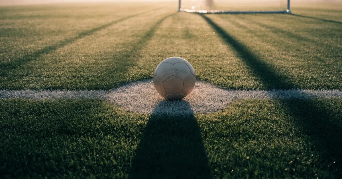 Un pallone da calcio sul dischetto del centrocampo di un prato, alla luce del mattino