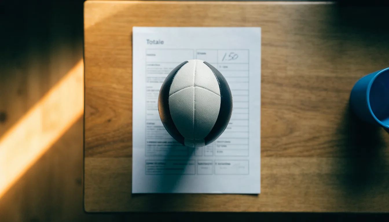 Un pallone da calcio appoggiato su una schedina bianca su un tavolo di legno, alla luce del giorno