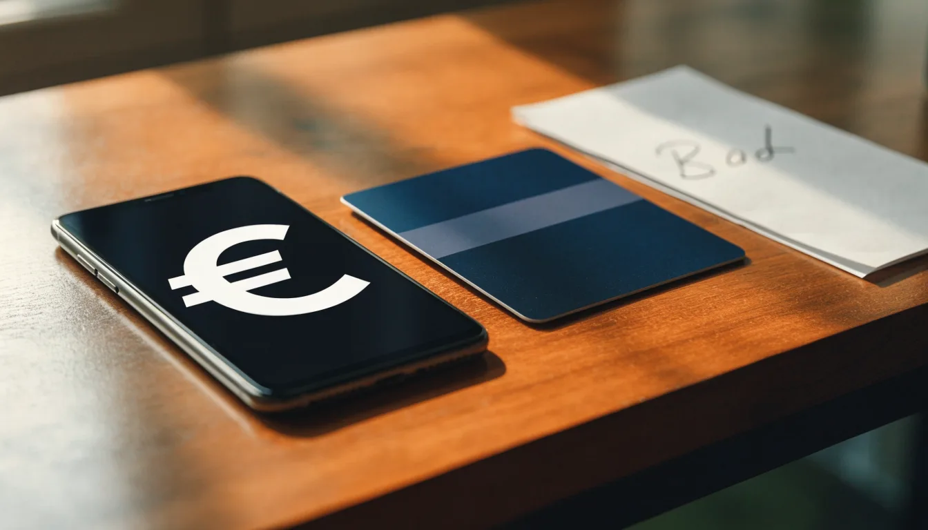 Uno smartphone e una carta di pagamento affiancati su un tavolo di legno, con alcune banconote da euro accanto