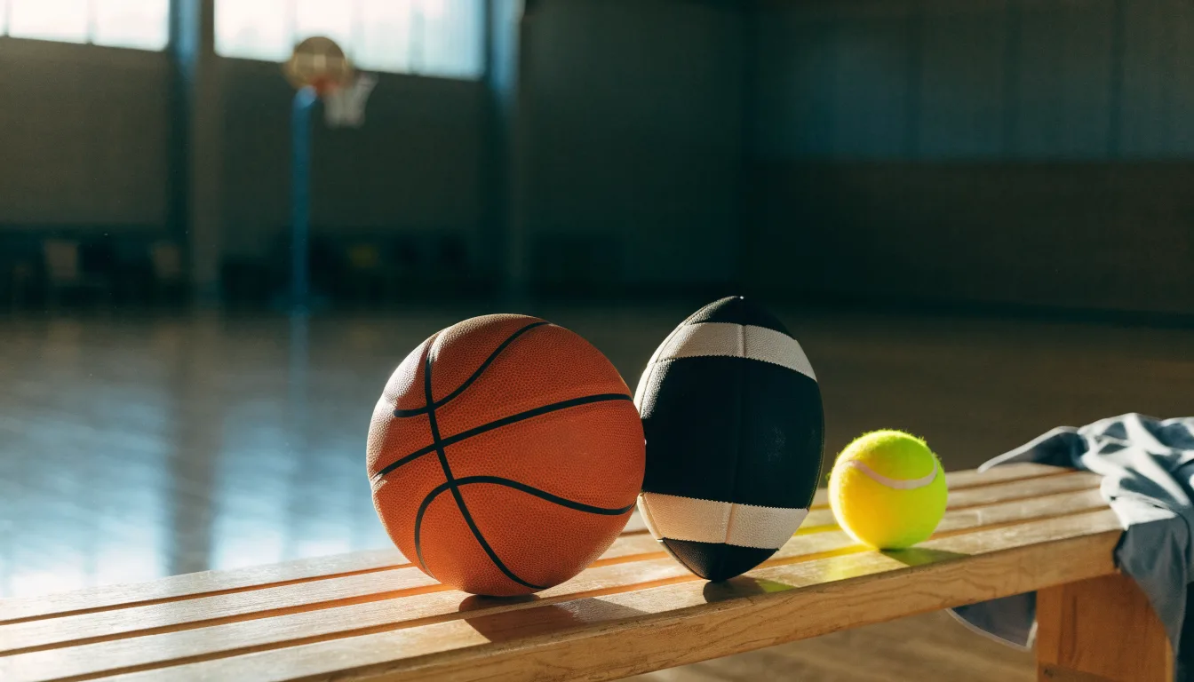 Tre palloni di sport diversi allineati uno accanto all'altro su una panca di legno