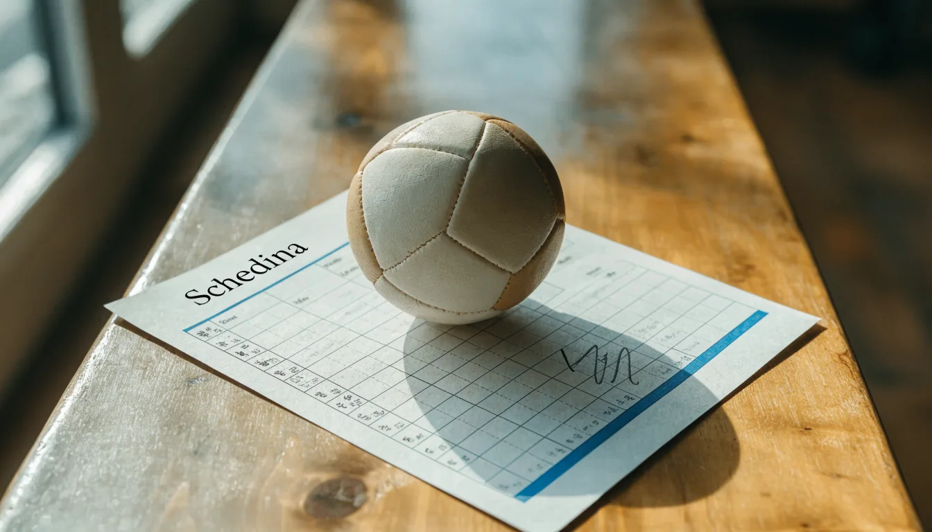 Un pallone da calcio appoggiato su una schedina bianca su un tavolo di legno, alla luce del giorno