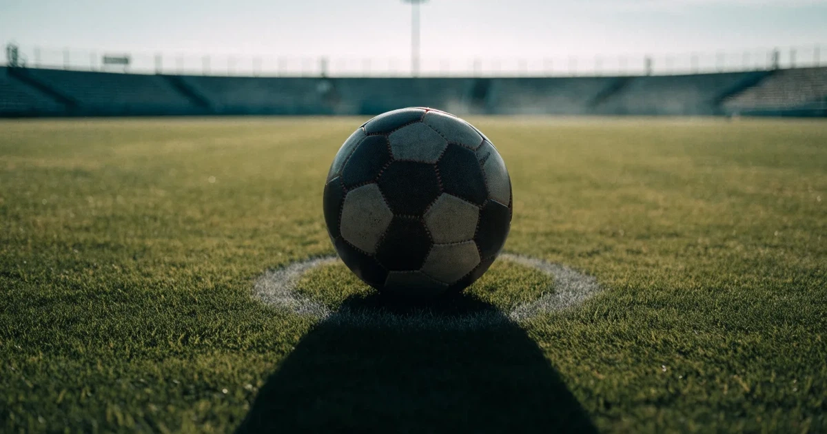 Un pallone da calcio sul dischetto del centrocampo di un prato, alla luce del mattino