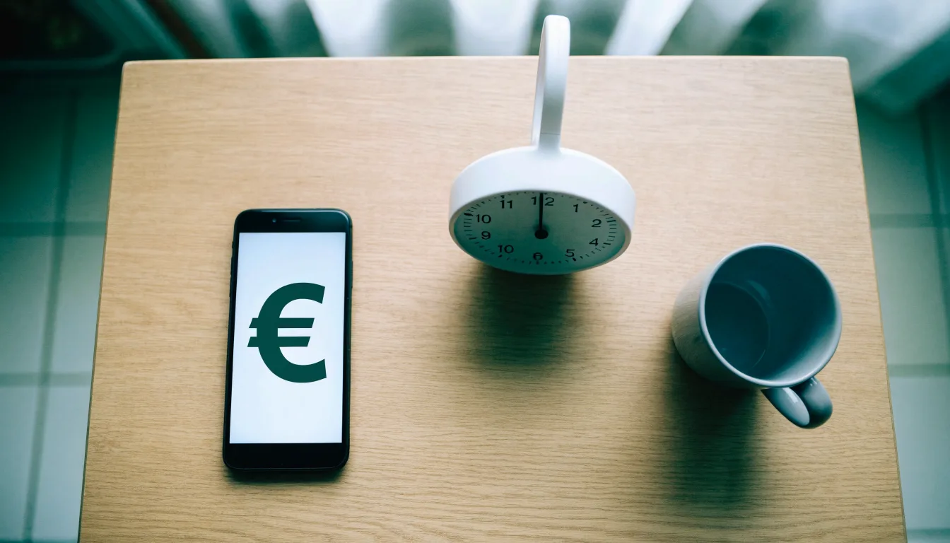 Un documento di identità appoggiato accanto a uno smartphone con un timer sullo schermo, su un tavolo da cucina