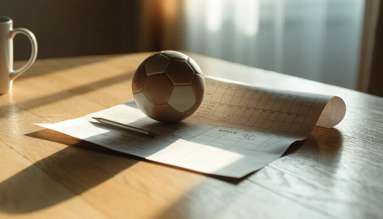 Un pallone da calcio appoggiato su una schedina bianca su un tavolo di legno, alla luce del giorno