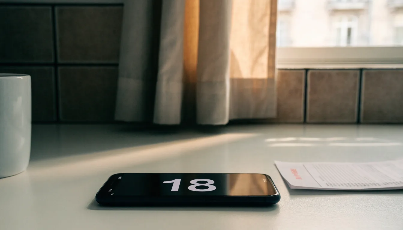 Un documento di identità appoggiato accanto a uno smartphone con un timer sullo schermo, su un tavolo da cucina