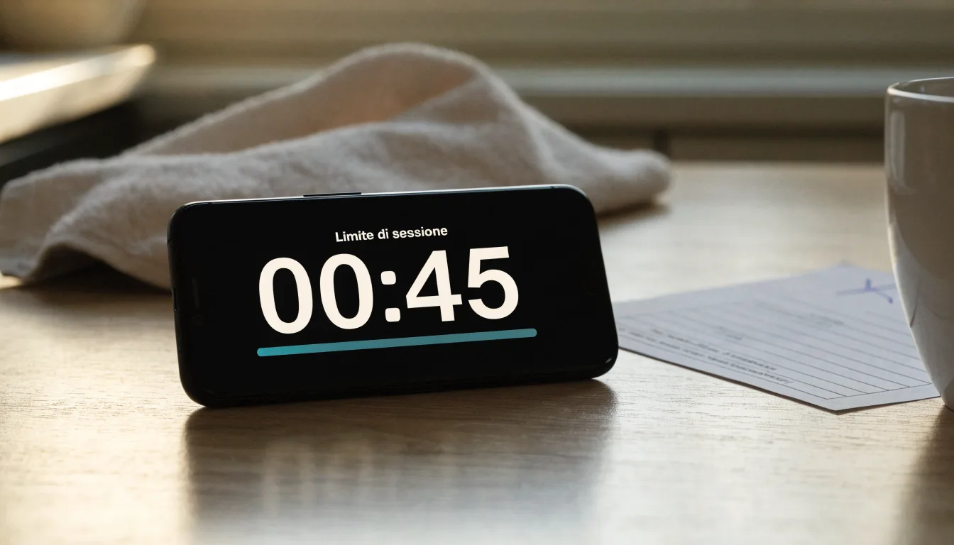 Un documento di identità appoggiato accanto a uno smartphone con un timer sullo schermo, su un tavolo da cucina